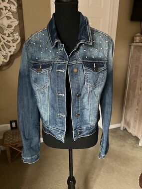 Women's Studded Dark Blue Denim Jacket - Classic Jean Jacket